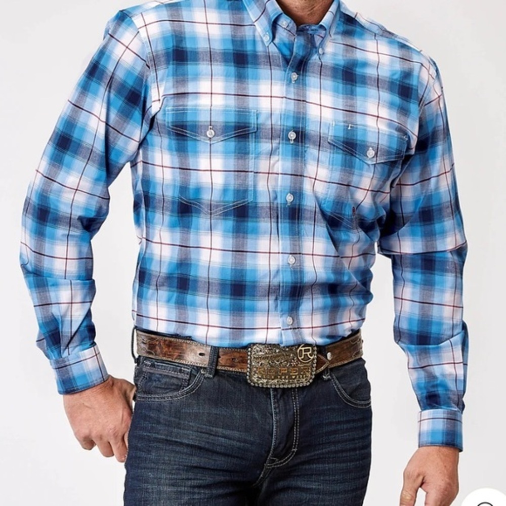 MENS LONG SLEEVE BUTTON STRETCH POPLIN BLUE PLAID WESTERN SHIRT
